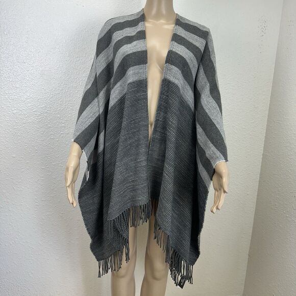 Echo Women's Fringe Border And Dark Gray Asymmetry Blanket Wrap Poncho ONE SIZE - Picture 1 of 6